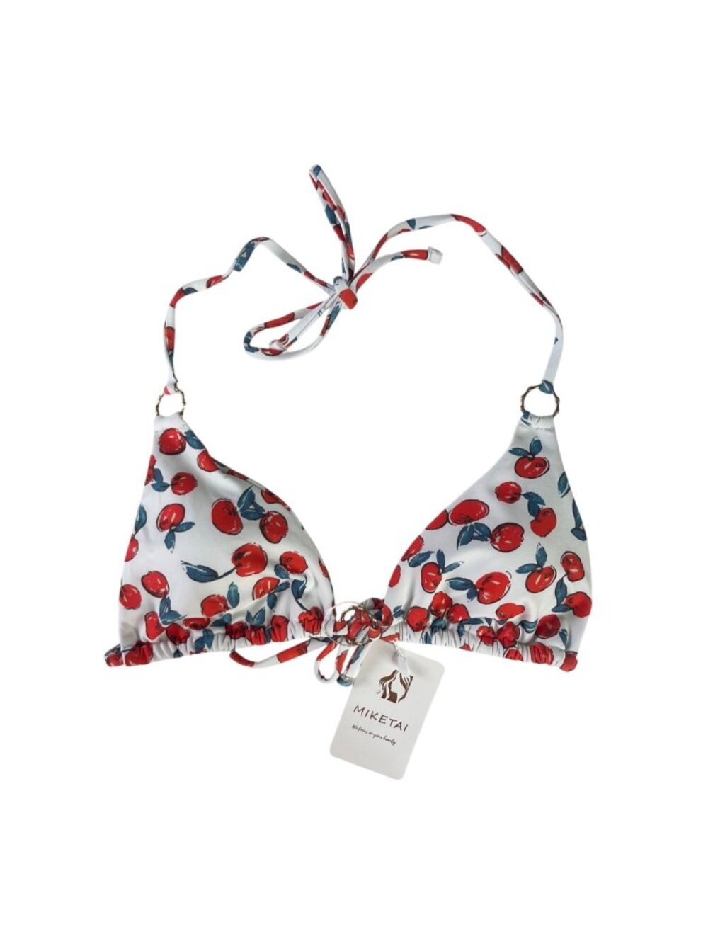 Miketai Cherry Print Triangle Bikini Top Gold Rings Size XS White Red New Adjust